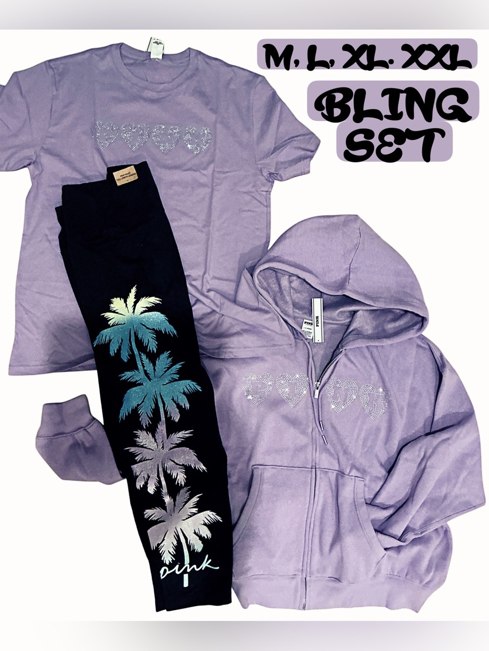 NEW VICTORIAS SECRET PINK BLING CAMPUS TEE SHIRT & LEGGINGS SET M L XL XXL